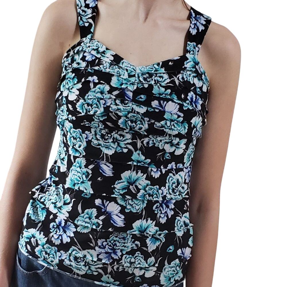 WHBM Y2K Dark Floral Tank Top Sz XS Romantic Soft Goth Night Out Ruched Date